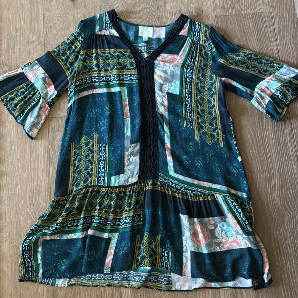 Maeve Anthropologie Patchwork Peasant Boho Mini Dress Womens M Lace V neck Beach